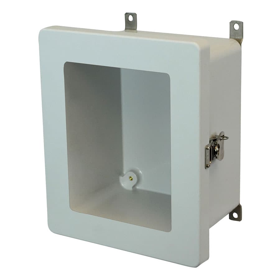Allied Moulded Products AM864TW 8"x6"x4" AM Series fiberglass wall mount enclosure assembly with hinged window cover and stainless steel twist latch AM864TW on Advantage Electric Supply