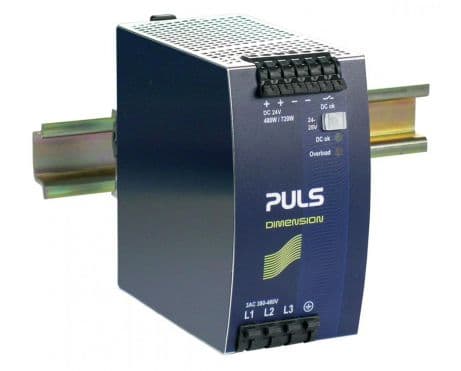 Puls QT20.241 PULS QT20.241 is a power supply unit designed for DIN rail mounting, featuring AC/DC conversion with a 50% power reserve. It operates within an ambient air temperature range of -25 to +70°C and offers a design that includes a DC-OK relay contact output. The rated current is 20A at 24Vdc and 17.5A at 28Vdc, with a power derating from 12W at +60°C to +70°C. Connection is facilitated through spring-clamp connections. The supply voltage accommodates a wide range with 3-phase input from 323Vac to 576Vac, including nominal voltages of 380Vac, 400Vac, 415Vac, 440Vac, 480Vac, 500Vac, and 525Vac at 47-63Hz, with a turn-ON voltage of 3 x 263Vac and a shutdown voltage of 3 x 242Vac. Its dimensions are W65mm x H124mm x D127mm, housed in aluminium for durability. The QT20.241 supports a 3-phase network, has a net width of 65mm, and provides a rated power of 480W, with a short-term capacity of 720W for up to 4 seconds. The output voltage is adjustable between 24Vdc and 28Vdc, with a maximum output overvoltage protection set between 32Vdc (typical) and 35Vdc (maximum). It includes protection against overvoltage, overload, and short-circuit conditions, and allows for series or parallel operation to increase output power. The unit is designed to handle back-feeding loads up to 34V without malfunctioning. Efficiency rates are 0.948 with a 3x480Vac input and 0.95 with a 3x400Vac input. Peak inrush current consumption is capped at 10A, with a start-up delay between 290-350ms and a hold time of 22ms. Power dissipation losses are 26.4W and 25.3W for 3x480Vac and 3x400Vac inputs, respectively, under full load conditions. Electrical durability spans up to 345000 hours at 25°C with a 10A output and 3AC 400Vac input, with varying durability under different conditions. The ripple is maintained at 100mVpp across a 20Hz to 20MHz range, and the output stage capacitance is 950µF. QT20.241 on Advantage Electric Supply