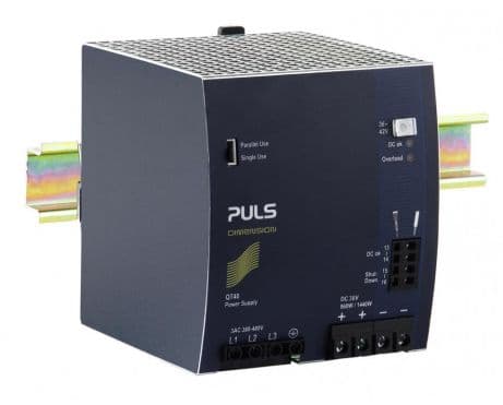 Puls QT40.361 PULS QT40.361 is a power supply unit designed for AC/DC conversion with a 50% power reserve. It features DIN rail mounting and operates within an ambient air temperature range of -25 to +70°C. The unit is equipped with a DC-OK relay contact output and offers a rated current of 26.7A at 36Vdc and 22.9A at 42Vdc, with a power derating of 24W at temperatures from +60°C to +70°C. Connection is facilitated through screw-clamp connections. The supply voltage accommodates a wide range of 323Vac to 576Vac (with nominal values including 380Vac, 400Vac, 415Vac, 440Vac, 480Vac, 500Vac, and 525Vac; 47-63Hz), featuring a 3-phase input, a turn-ON voltage of 3 x 305Vac, and a shutdown voltage of 3 x 275Vac in steady-state conditions. This part of the Q-series measures W110mm x H124mm x D127mm and is housed in aluminium. It is designed for a 3-phase network, with a net width of 110 mm. The rated power is 960W at both 36Vdc and 42Vdc, with a short-term capacity of 1440W for up to 4 seconds. The output voltage is adjustable between 36Vdc and 42Vdc, with a turn-ON overshoot of 750mV. Protection functions include output overvoltage protection, active input inrush current limiter, and overload/short-circuit protection. It supports series or parallel operation for increased output power and is resistant to back-feeding loads up to 50V. The efficiency rates are 0.952 at 3x480Vac input and 0.953 at 3x400Vac input. Peak inrush current consumption is 6A at both 3x400Vac and 3x480Vac inputs. The unit has a start-up delay of 500-600s, with rise times of 40ms and 45ms under specified conditions, and a hold time of 25ms. Power dissipation losses are 48.4W and 47.3W for 3x480Vac and 3x400Vac inputs, respectively, under full output load. Electrical durability spans from 363000 hours to 72000 hours across various conditions, with a ripple of 130mVpp at 20Hz to 20MHz and an output stage capacitance of 4700µF. QT40.361 on Advantage Electric Supply