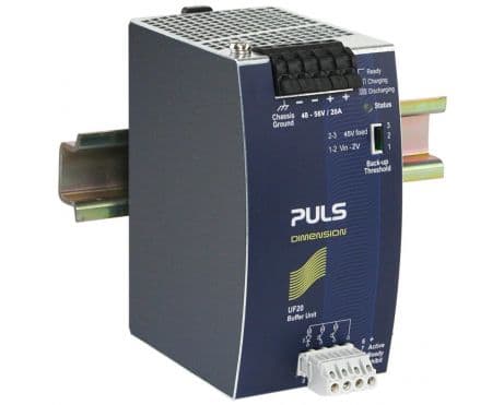 Puls UF20.481 PULS UF20.481 is an Uninterruptible Power Supply (UPS) control module, part of the UF-series, designed as a bfr. module with capacitive storage and features a green status LED. It is housed in aluminium and utilizes spring-clamp connections for connectivity. This module measures W64mm x H124mm x D102mm and operates on a supply voltage range of 38.4Vdc to 60Vdc, with a nominal voltage of 48Vdc. It is rated for a current of 20A (bfr.) and is designed for DIN rail mounting. The UF20.481 can operate in ambient air temperatures ranging from -25 to +70°C and is suitable for DC networks. It includes a visual position indicator for Ready, Buffering, and Inhibit statuses. The module offers protection functions including output overvoltage protection, with typical protection at 58Vdc and a maximum of 60Vdc. Buffer modules can be connected in parallel to increase output ampacity or hold-up time. It provides a fixed output voltage of 48Vdc, boasts an efficiency of 0.99 at 48Vdc input, and offers a hold time of 15ms / 0.15s at a 20A load. Power dissipation/losses are 1.9 W at 24Vdc input with 0A output current. Ripple is specified as 250mVpp at 5A, 400mVpp at 10A, and 600mVpp at 20A, across a frequency range of 20Hz to 20MHz at 50Ω. Its electrical durability is rated at 161,000 hours at 40°C and 457,000 hours at 25°C in standby mode. UF20.481 on Advantage Electric Supply
