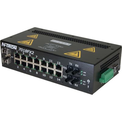 Red Lion 7018FXE2-ST-40-HV Red Lion 7018FXE2-ST-40-HV is an industrial managed Gigabit Ethernet switch designed for robust networking applications. It features SNMP v1, v2, v3, and Web Browser Management for comprehensive network management and monitoring. The switch incorporates N-Ring Technology with a 30ms healing time, N-Link Redundant Ring Technology, and N-View Monitoring Technology for enhanced network reliability and visibility. It supports EtherNet/IP CIP Messaging, IGMP Auto Configuration, 802.1Q tag VLAN, Port VLAN, 802.1p QoS, Port QoS, Port Trunking, and Port Mirroring for advanced network configuration and optimization. The switch is equipped with 802.1d, 802.1w, and 802.1D RSTP for network resilience, a DHCP Server with Option 82 Relay, and IP Fallback for network flexibility. It offers Local Port IP Addressing, 802.1AB-2005 LLDP for device discovery, and MAC Address Based Filtering for port security. The switch has 14 RJ45 ports (10/100/1000BaseTX), 2 Fiber optic ST connectors (single-mode, 100BaseFX, 40km rated optical fiber), and 2 optional SFP (Mini-GBIC) Gigabit Transceivers slots. It operates within a temperature range of -40 to +70°C and includes ESD + Surge protection on power inputs. The switch is housed in a metallic case suitable for DIN rail mounting and is part of the N-Tron 7000 series, designed for Ethernet networks with 18 ports. 7018FXE2-ST-40-HV on Advantage Electric Supply