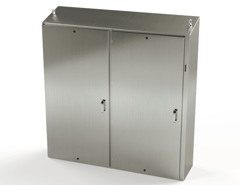 Saginaw Control SCE-72XEL7318SSST S.S. 2DR XEL Sloping Top Enclosure, Height:72.00", Width:73.00", Depth:18.00", #4 brushed finish on all exterior surfaces. Optional sub-panels are powder coated white. SCE-72XEL7318SSST on Advantage Electric Supply