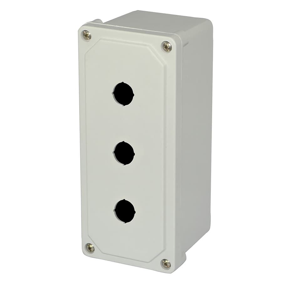 Allied Moulded Products AM3PB22 9"x4"x3" AM Series fiberglass small junction box with 4-screw lift-off cover and 3 (22.5mm) pushbutton holes AM3PB22 on Advantage Electric Supply