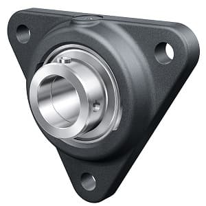 Leeson PCFTR50-XL Flange Block Bearing; 3 Bolt Triangular Flange Block; 50MM Bore; 160MM Bolt Circle Diameter; 138.6MM Bolt Spacing; 1 Piece Solid; Eccentric Collar; Cast Iron; Ball Bearing; Relubricatable; Double Lip Contact Seal PCFTR50-XL on Advantage Electric Supply