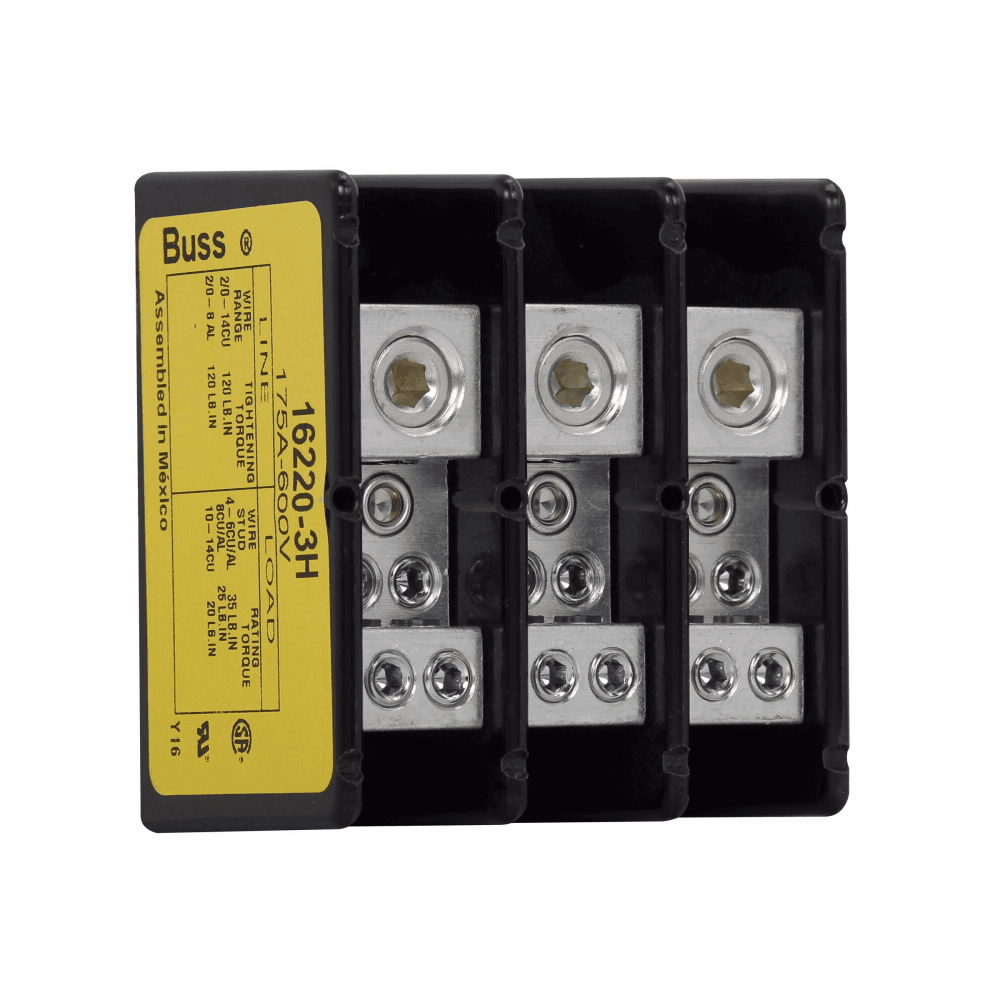 Cooper Bussmann 16220-3H 16220-3H Cooper Bussmann - Eaton Bussmann series power distribution block, 600 Vac, 600 Vdc, 175A, Power distribution block, Three-pole, SCCR: 100 kA, Black, Molded Thermoplastic Base, Tin-plated aluminum connector - 16220-3H 16220-3H on Advantage Electric Supply