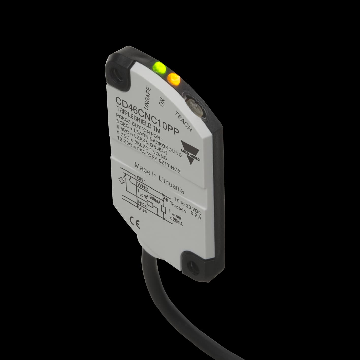 Carlo Gavazzi CD46CNC10PP Capacitive Proximity Sensor, Non-flush mountable, Sensing Range 10mm, Adjustable 1-10mm, Power Supply 10-30VDC, PNP Output, N.O. or N.C., Cable PVC, Housing 28 x 5.5 x 34mm, Tripleshield, Improved EMC performances, IP67 IP68 CD46CNC10PP on Advantage Electric Supply